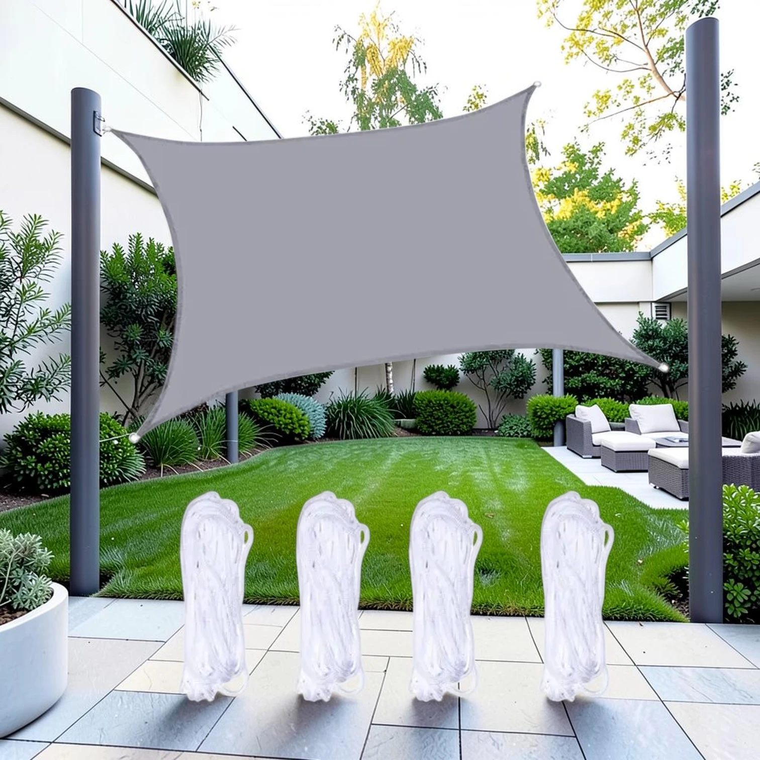 Outdoor Garden Sunshade Sail Water-resistant Anti-UV Canopy, Oxford Cloth, 6m x 6m, Grey