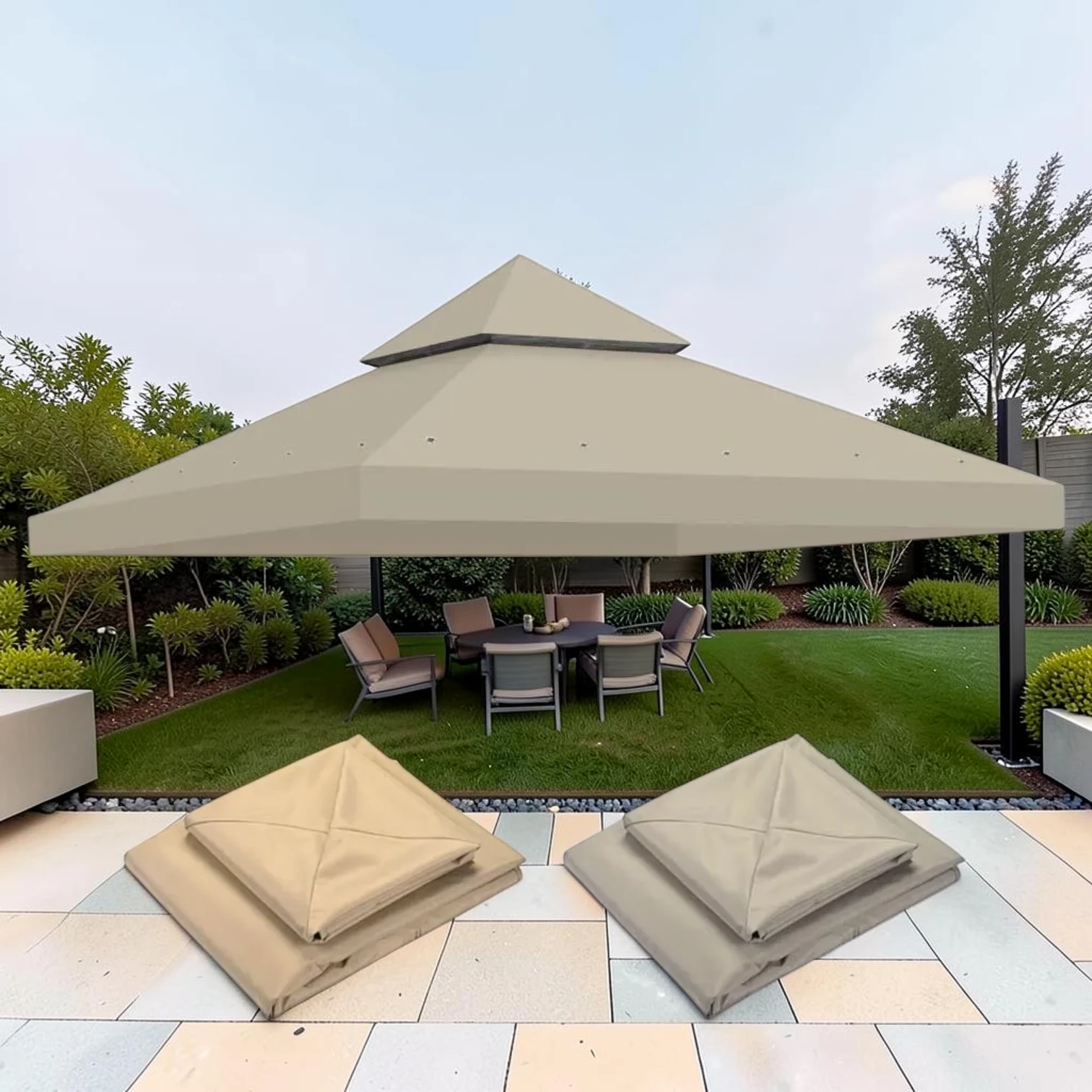 10x10 ft Gazebo Canopy Replacement 2-Tier Water-resistant Polyester Fabric