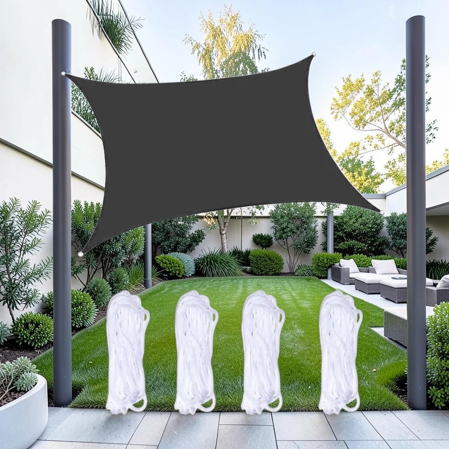 Outdoor Garden Sunshade Sail Water-resistant Anti-UV Canopy, 6m x 6m, Black